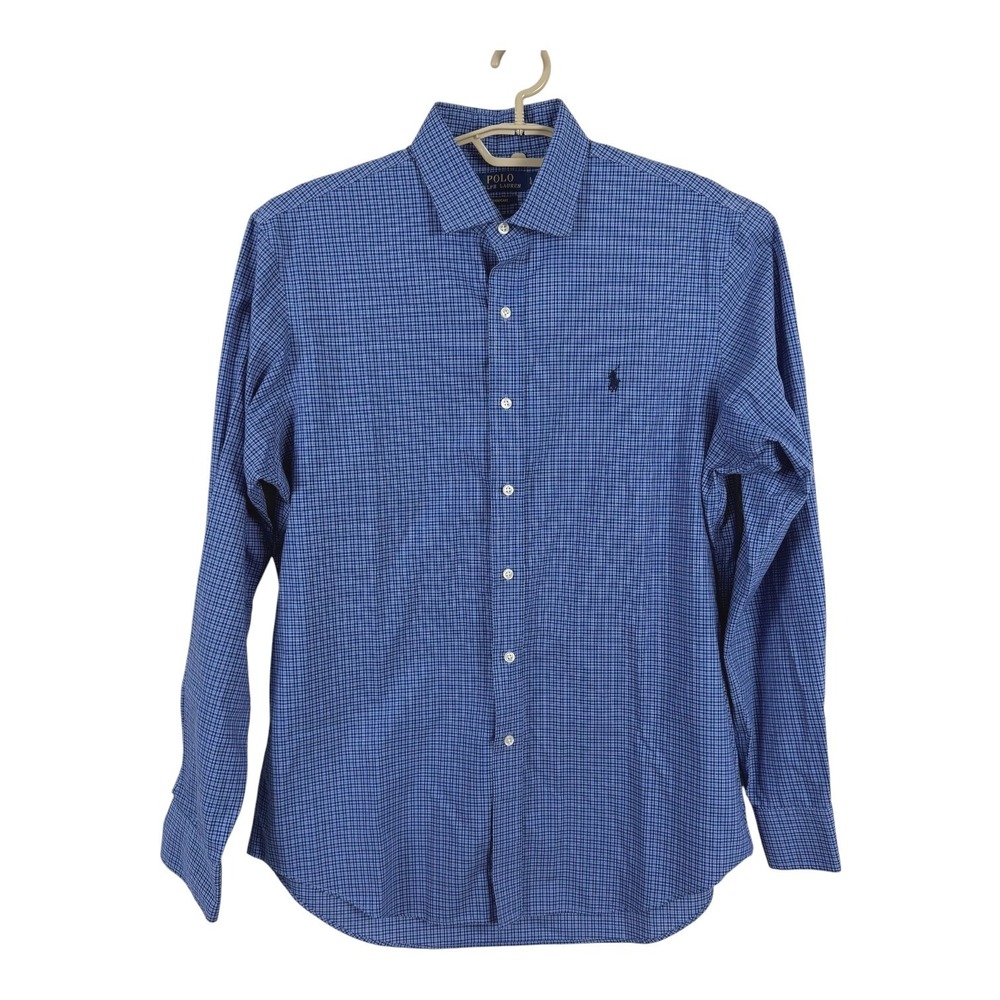 Polo Ralph Lauren Men Button Up Shirt Size Large Easy Care Blue Plaid Preppy